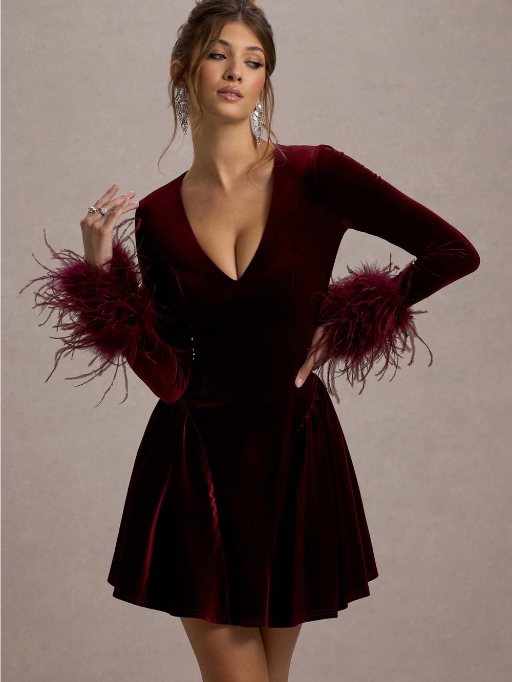Club L London Burgundy Velvet V-Neck Mini with Feather Cuffs